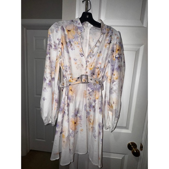 Floral Mini Dress Bishop Sleeve Pearl Button Belted Party Cocktail Dress - Picture 2 of 9